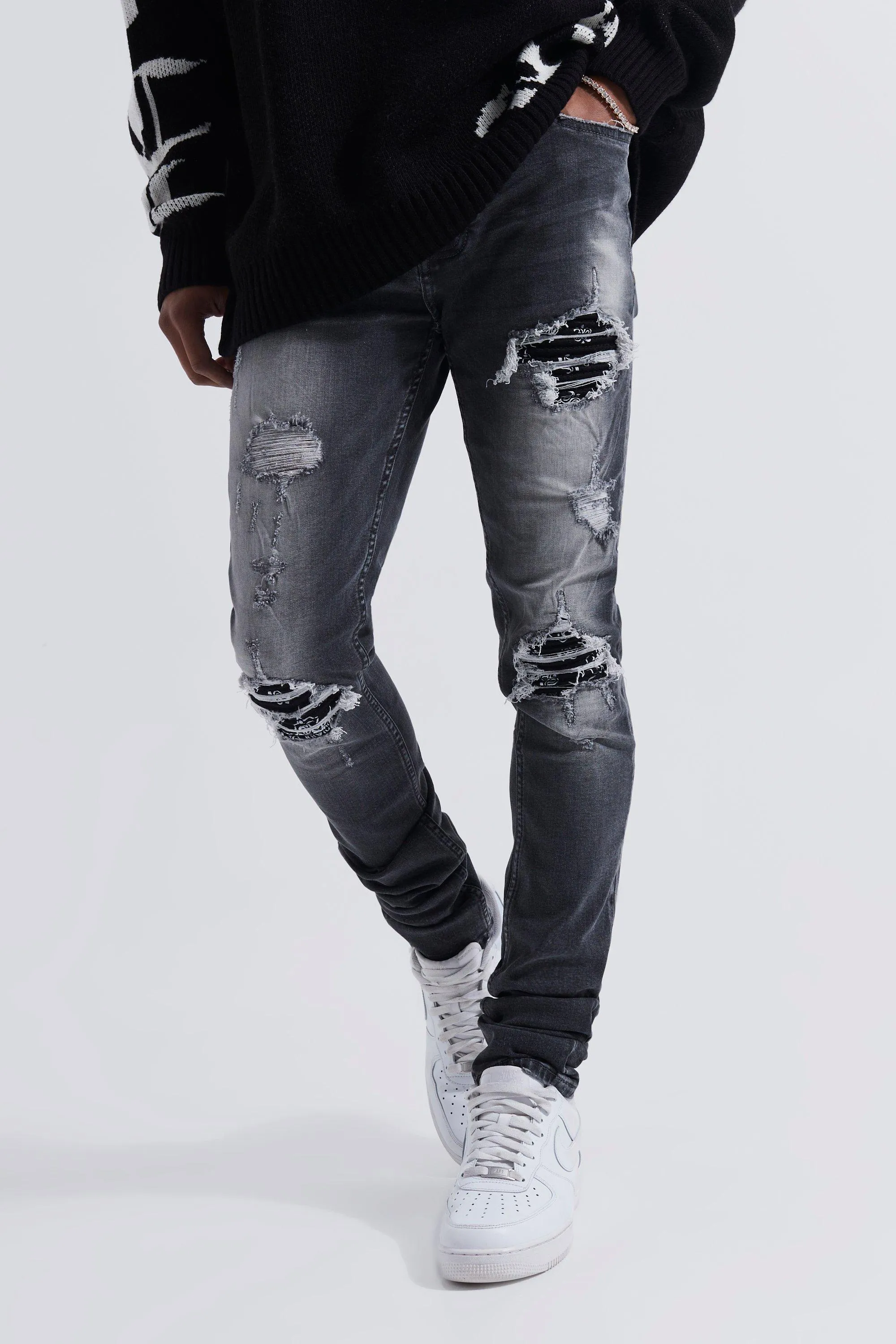 Skinny Coloured Rip & Repair Stacked Jeans