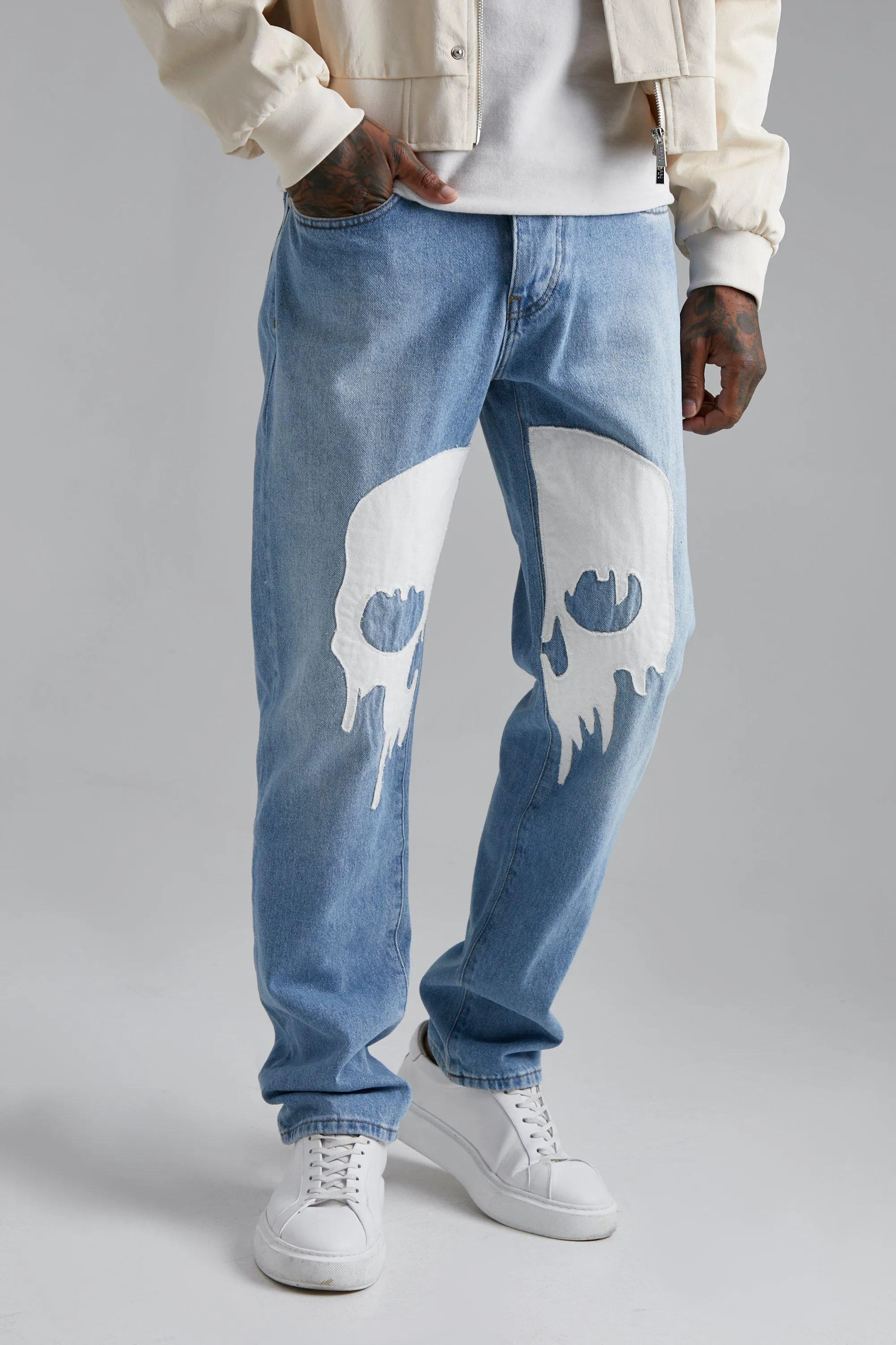 Straight Leg Skull Applique Jeans | boohooMAN UK
