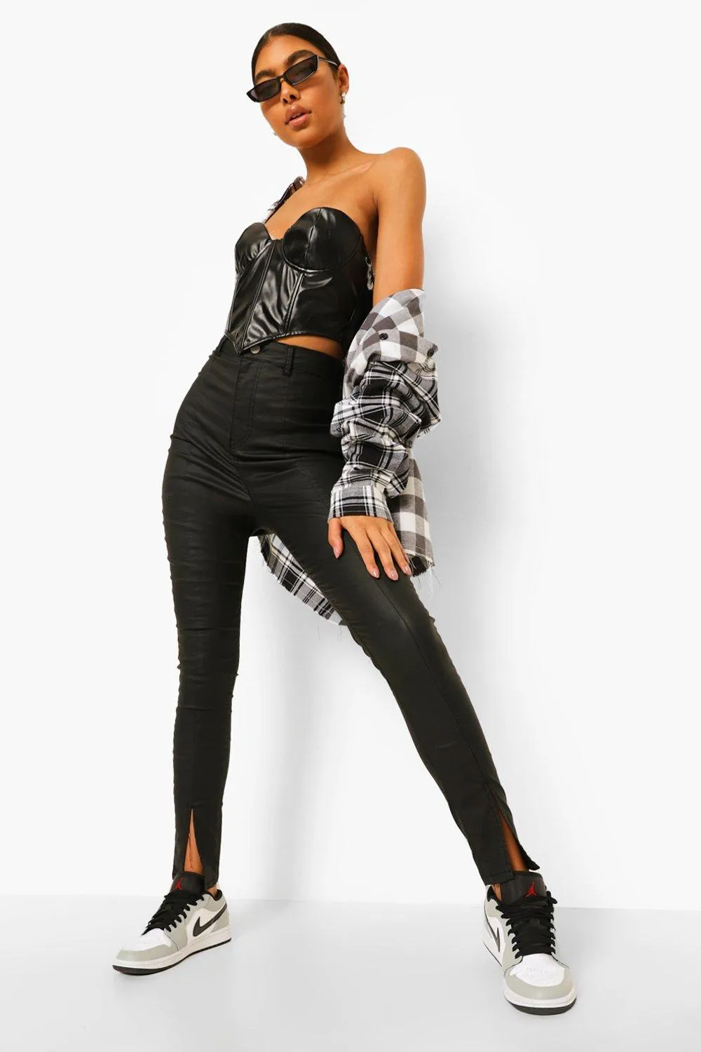 Tall Denim Pu Coated Front Split Skinny Jeans