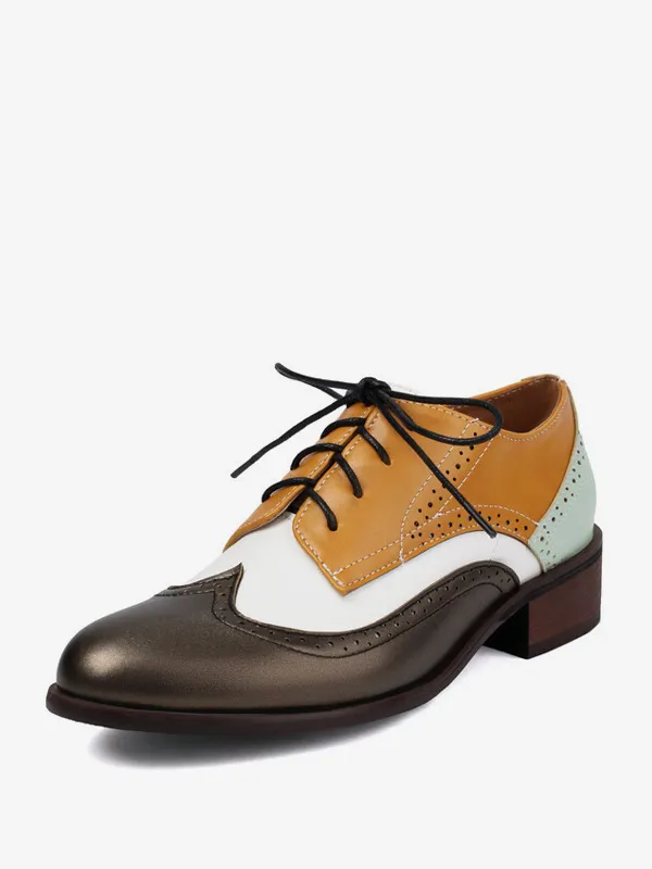 Women's Round Toe Puppy Heel PU Leather Oxfords